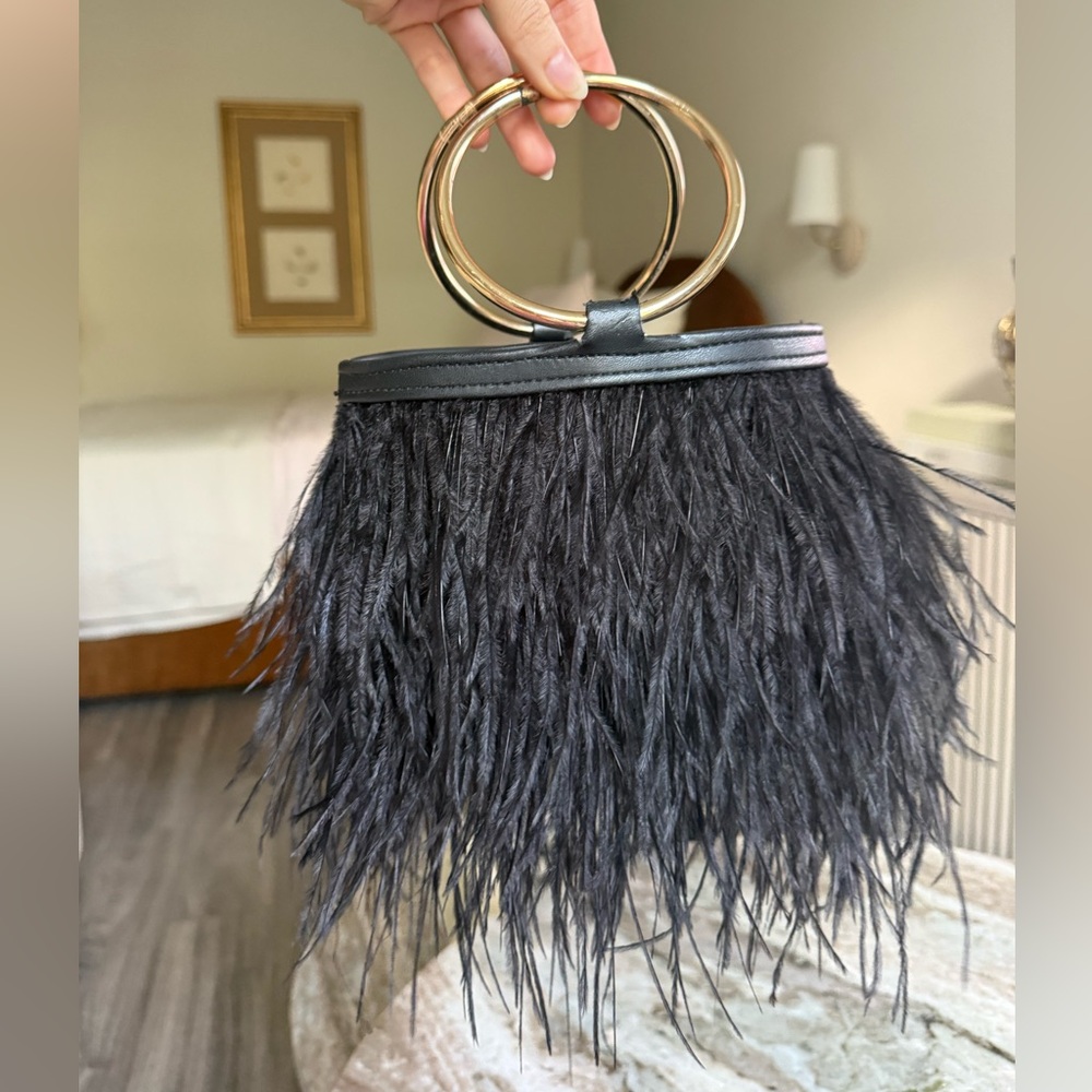 Black Feather Mini Bag Gold Ring Handle Statement Evening Purse
